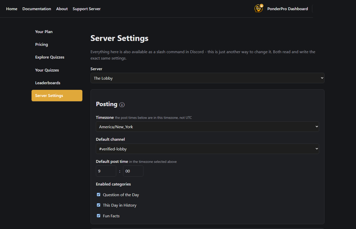 The web Dashboard's Server Settings page, showing posting schedule, channel, and enabled category options