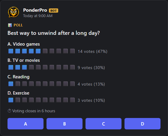 A live PonderPro poll with a live vote-count bar per option and vote buttons below