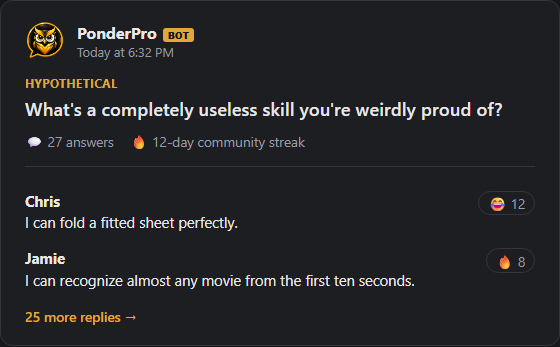 A PonderPro Question of the Day post with its answer thread, showing replies with reaction counts and the community's answer streak