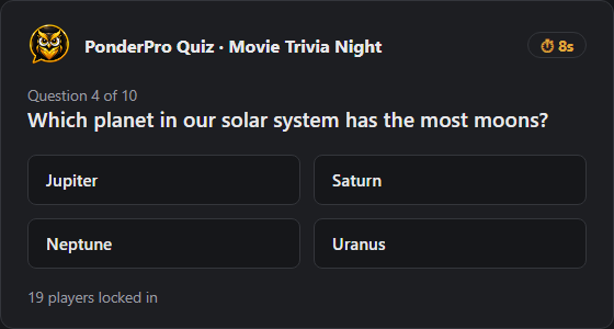 A live PonderPro quiz question with four answer choices and a countdown timer