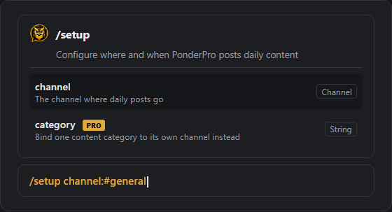 Running /setup in Discord, with the channel option selected and the Pro-only category option shown
